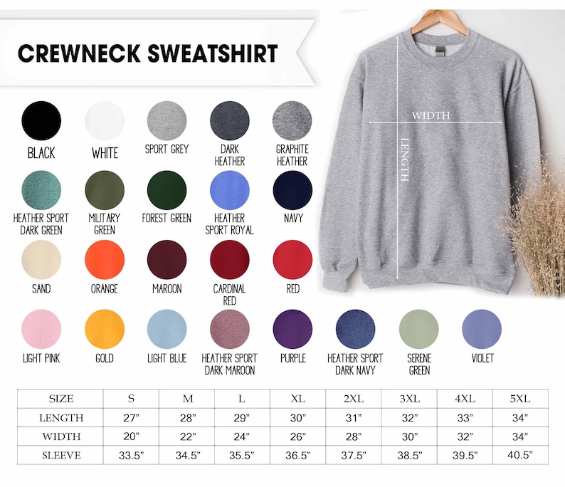 May include: A grey crewneck sweatshirt displayed with a color chart featuring twenty-five circular swatches in various colors including black, white, green, red, and blue, alongside a size chart with length, width, and sleeve measurements in inches.