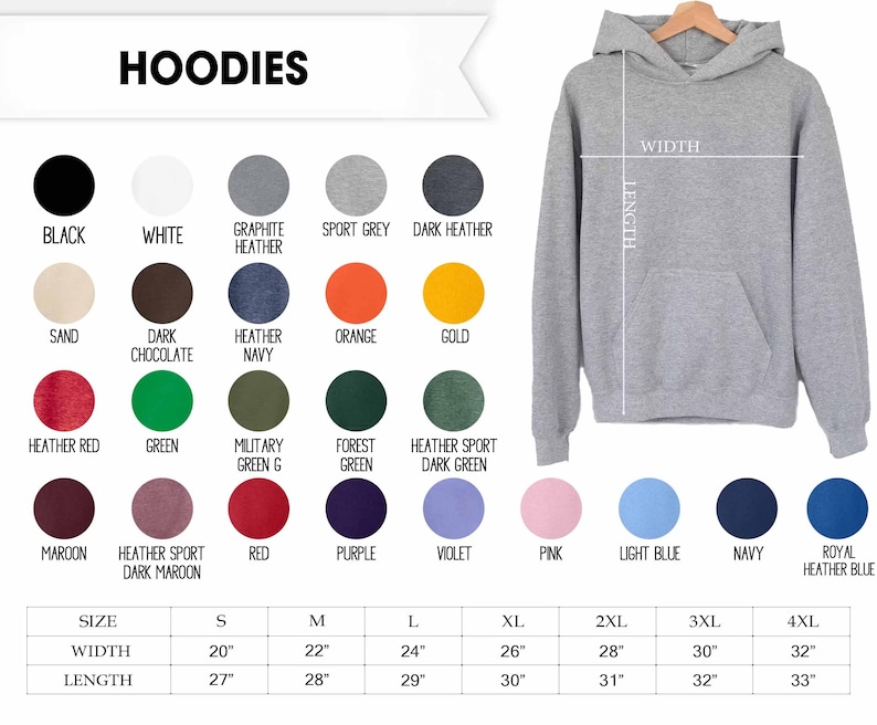 May include: A grey hooded sweatshirt with a front pocket, displayed next to a color chart featuring twenty-four circular swatches with labels and a size chart with width and length measurements in inches for sizes small through four extra large.