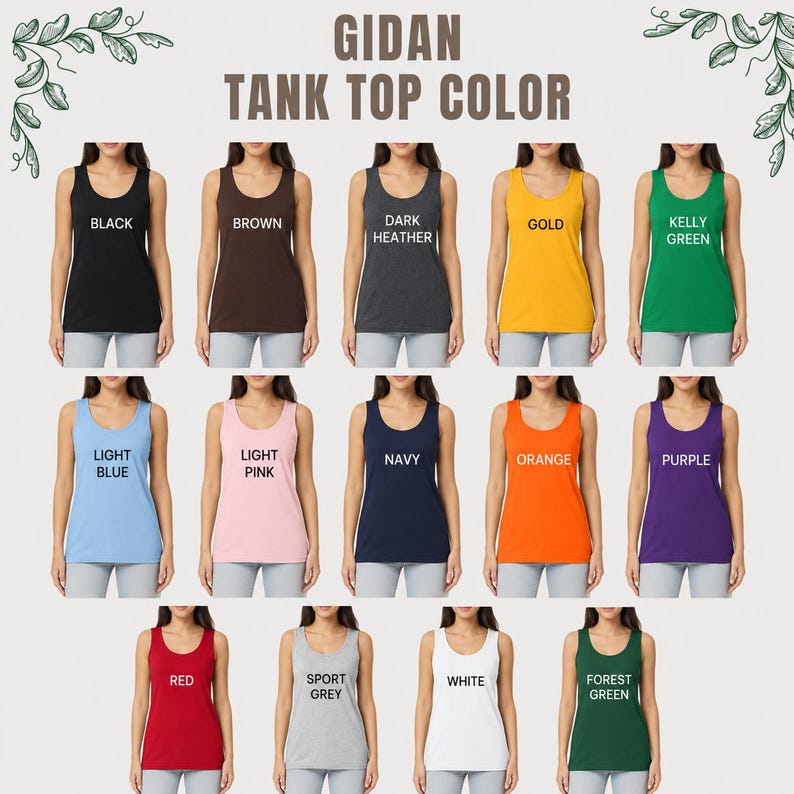 May include: A colour chart displaying fifteen sleeveless tank tops in various shades including black, brown, dark heather, gold, kelly green, light blue, light pink, navy, orange, purple, red, sport grey, white, and forest green with text labels.
