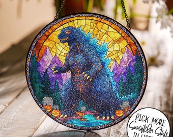 Godzilla Halloween Stained Glass Suncatcher, Spooky Halloween Godzilla Ornament, Monster Godzilla Window Hanging, Godzilla Lover Gifts