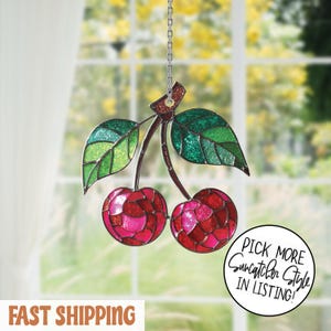 Attrape-soleil en acrylique cerise - Faux vitrail en mosaïque, cerises jumelles suspendues à la fenêtre, décoration de fruits rétro amusante pour les amateurs de cuisine