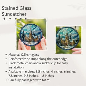 May include: Stained glass suncatcher featuring a church scene with a blue and brown color palette. The round design includes a black metal chain for hanging. Available in 6 sizes, from 3.5 inches to 11.8 inches.