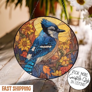 Attrape-soleil en vitrail geai bleu, décoration suspendue oiseau bleu, ornement inspiré de la nature, cadeau observation des oiseaux, art geai bleu pour les amateurs d&#39;oiseaux