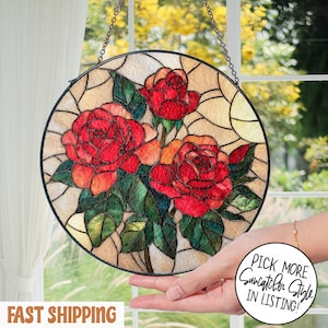 Rose Bouquet Stained Glass Suncatcher, Style Wall and Window Decoration, Special Gifts for Women, Rose Flowers Gifts, June Birthday Gift