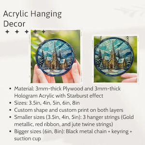 May include: Acrylic hanging decor featuring a circular design with a church scene in a winter landscape. The artwork is set against a blue and white background. The text "Acrylic Hanging Decor" is at the top. Sizes available are 3.5in, 4in, 5in, 6in, and 8in.