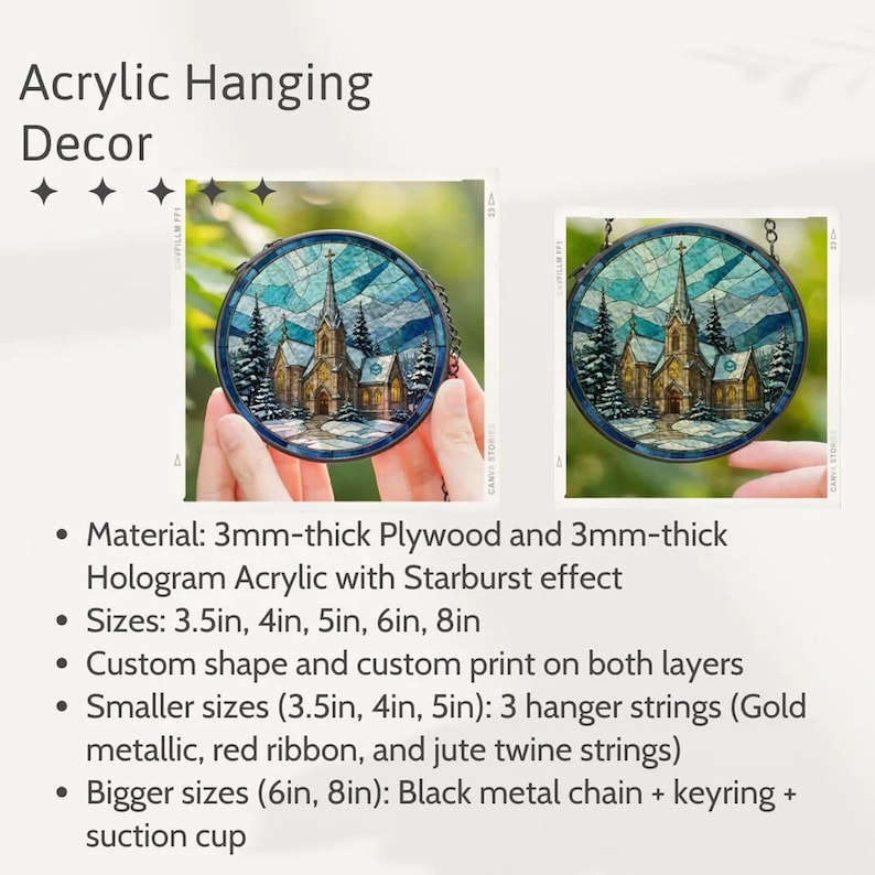 May include: Acrylic hanging decor featuring a circular design with a church scene in a winter landscape. The artwork is set against a blue and white background. The text "Acrylic Hanging Decor" is at the top. Sizes available are 3.5in, 4in, 5in, 6in, and 8in.