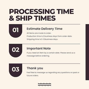 May include: A graphic with the text "PROCESSING TIME & SHIP TIMES". It includes information about estimated delivery time, important notes, and a thank you message. The design features dark purple accents and a cream background.