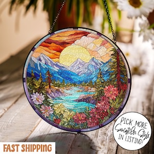 Mountain Landscape Stained Glass Suncatcher, Sunset Forest River Round Panel, Nature Suncatcher For Window Hanging, Nature Window Decor