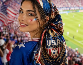 USA Soccer Cup Satin Scarf, Soft USA Flag Pattern Bandana, World Soccer 2026 USA Fan Gift, American Eagle Silk Hair Head Wrap