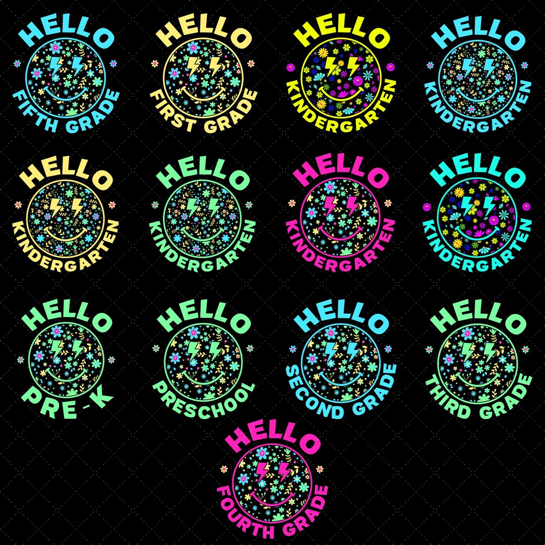 Back to School Smiley Face Floral Png Bundle, First Day of School Png ...