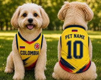 Colombia Dog Cat Soccer Jersey, Colombian Flag Pet Shirt, Custom Name Number Football Puppy Outfit, Dog Sports Fan Apparel