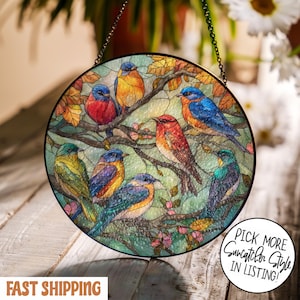 Bird Glass Suncatcher, Floral Wreath Window Hanging, Stained Glass Bird Decor, Indoor Wall Art, Sun Catcher Gift for Mom, Bird Lover Gifts