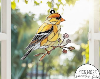 Atrapasol acrílico de jilguero, vitral, decoración de pájaro amarillo, arte de ventana de jilguero, regalo para amantes de las aves, regalo de atrapasol, regalo para observar aves