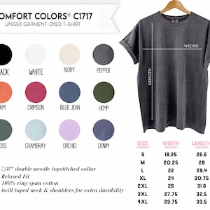 May include: A Comfort Colors C1717 garment-dyed t-shirt in pepper gray with a relaxed fit, 7/8 inch double-needle topstitched collar, and twill taped neck and shoulders. Includes a color chart, size guide in inches, and width and length labels.