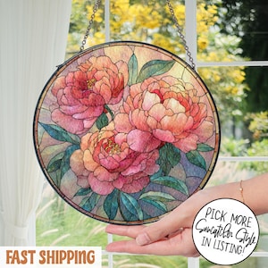 Peony Flower Stained Glass Suncatcher, Peony Light Catcher Window Wall Hanging, Peony Lover Gardening Decor, Floral Mothers Day Gift
