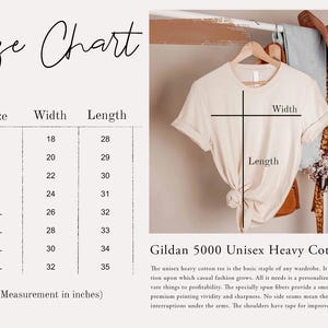 May include: A size chart for a Gildan 5000 unisex heavy cotton tee, displaying width and length measurements in inches for sizes S through 5XL. The chart features a beige t-shirt on a hanger with lines indicating where to measure width and length.