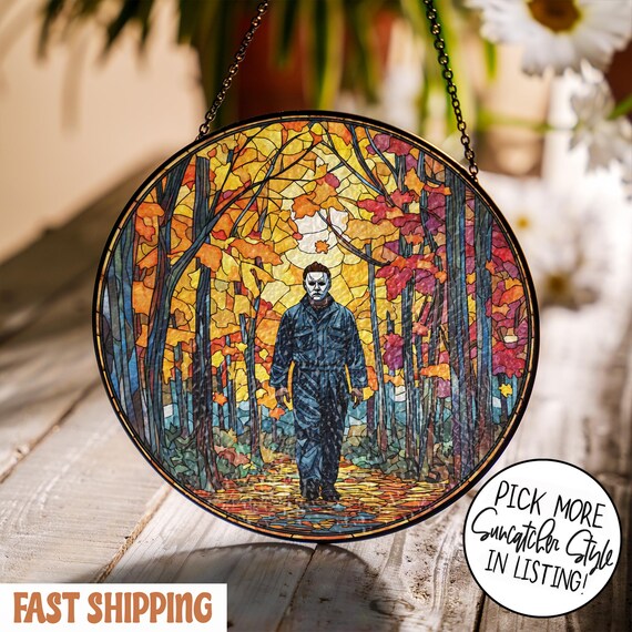 Fall Michael Myers Stained Glass Suncatcher, Halloween Michael Myers Suncatcher, Spooky Halloween Window Hanging Decor, Halloween Ornament