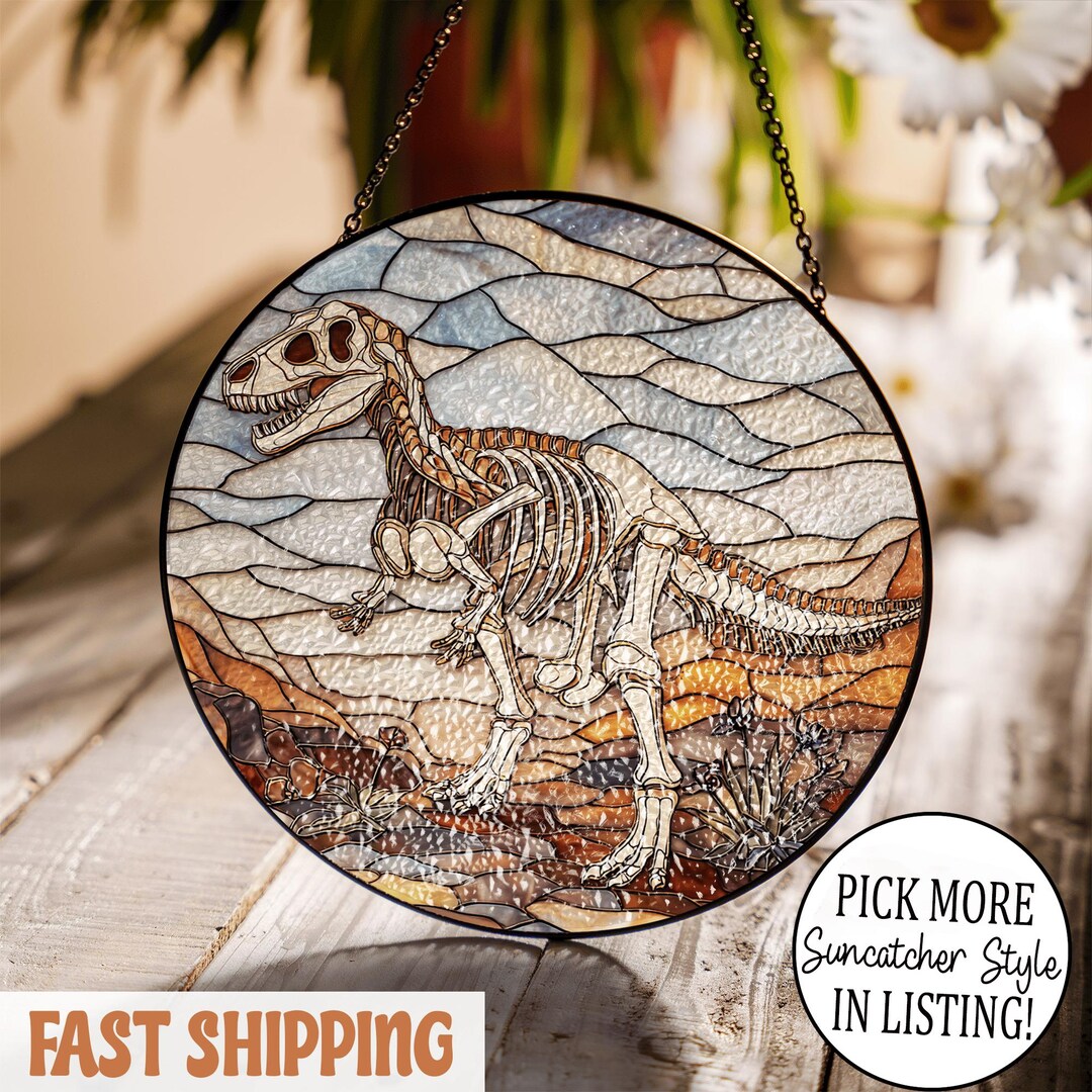 Dinosaur Skeleton Stained Glass Suncatcher, Prehistoric Window Decor ...