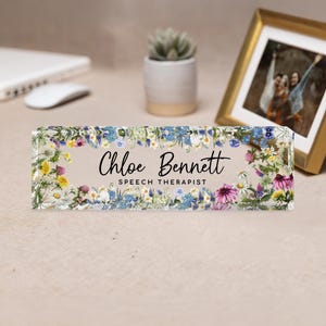 Personalized Name Plate for Desk, Flowers Wild Design On Clear Acrylic Glass, Custom Office Decor Nameplate Sign, Personalized Gift