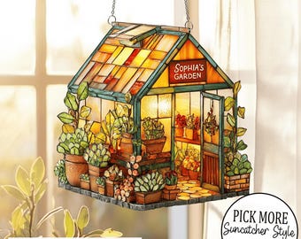 Personalized Name Greenhouse Acrylic Suncatcher, Plant Ornament, Gift for Plantaholic, Plant Lovers Gift, Mom Gift