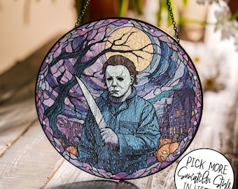 Halloween Michael Myers Stained Glass Suncatcher, Michael Myers Suncatcher, Spooky Halloween Window Hanging Decor, Halloween Ornament