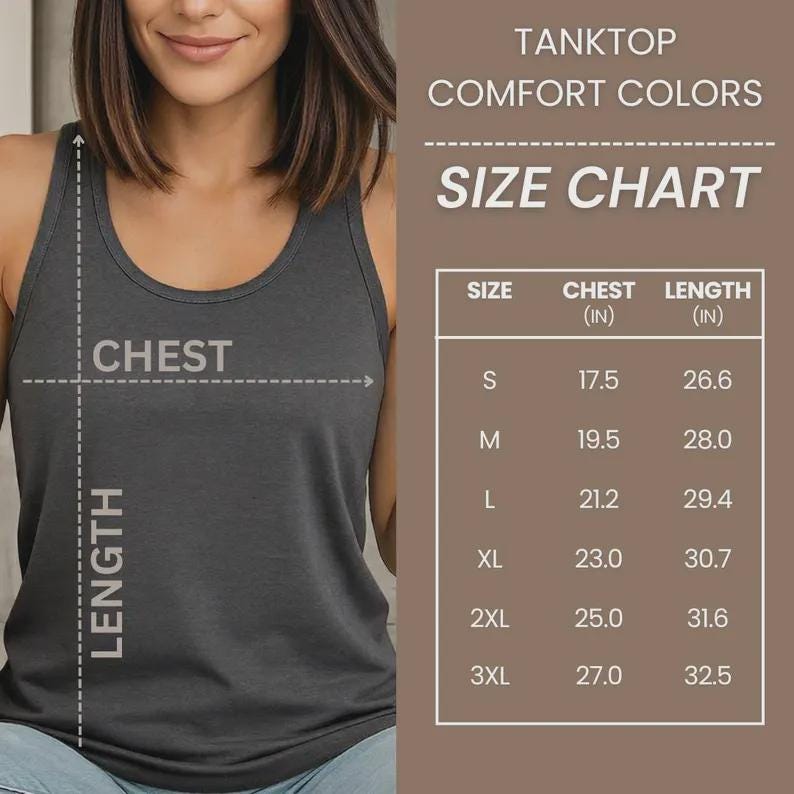 May include: A dark grey tank top shown with a size chart titled TANKTOP COMFORT COLORS SIZE CHART. The chart lists sizes S through 3XL with corresponding chest and length measurements in inches, ranging from 17.5 to 27.0 inches for chest and 26.6 to 32.5 inches for length.