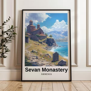 Sevan Monastery travel print,Armenia digital print,Armenia Poster,wall art,Wedding gift,Personalised Gift,illustration