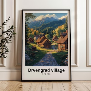 Impresión de viaje del pueblo de Drvengrad, impresión digital de Serbia, póster de Serbia, arte mural, regalo de boda, regalo personalizado, ilustración, regalo de cumpleaños