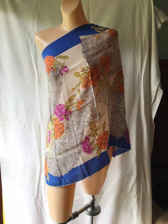 Vintage Silk Chiffon Scarf 1980s Flowers and Fans… - image 8