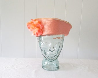 Vintage Peach Floral Garden Party Hat with Faux Pearl Trim