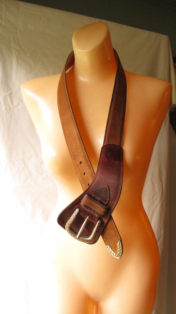 Vintage Ruff Hewn Belt Brown Leather Belt Western… - image 9