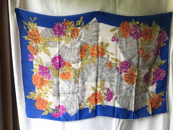 Vintage Silk Chiffon Scarf 1980s Flowers and Fans… - image 6