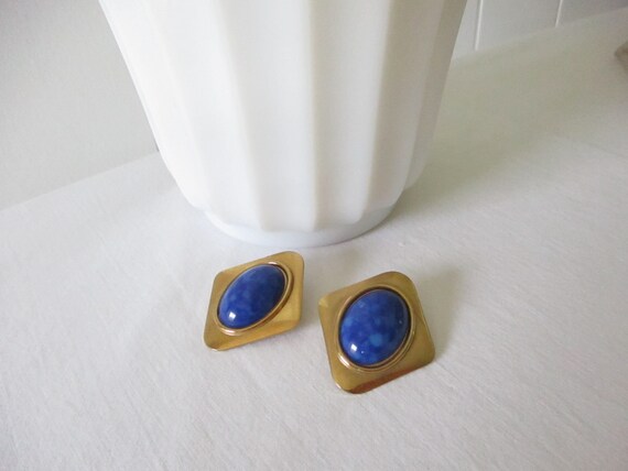 Vintage Blue Enamel Earrings Pierced Earrings Ova… - image 2