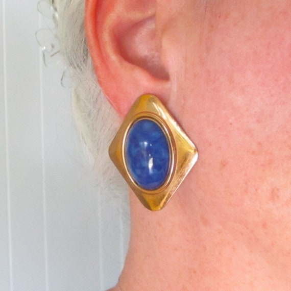 Vintage Blue Enamel Earrings Pierced Earrings Ova… - image 7