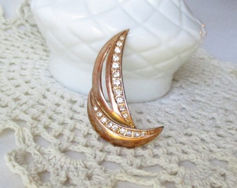 Vintage Rhinestone Crescent Moon Pin Double Crescent Brooch