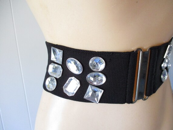 Vintage Stretch Belt 1980s Belt Black Rhinestone … - image 2