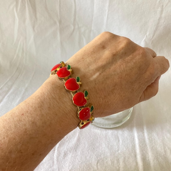Vintage Apple Bracelet, Enameled Charm Bracelet, Teacher Gift