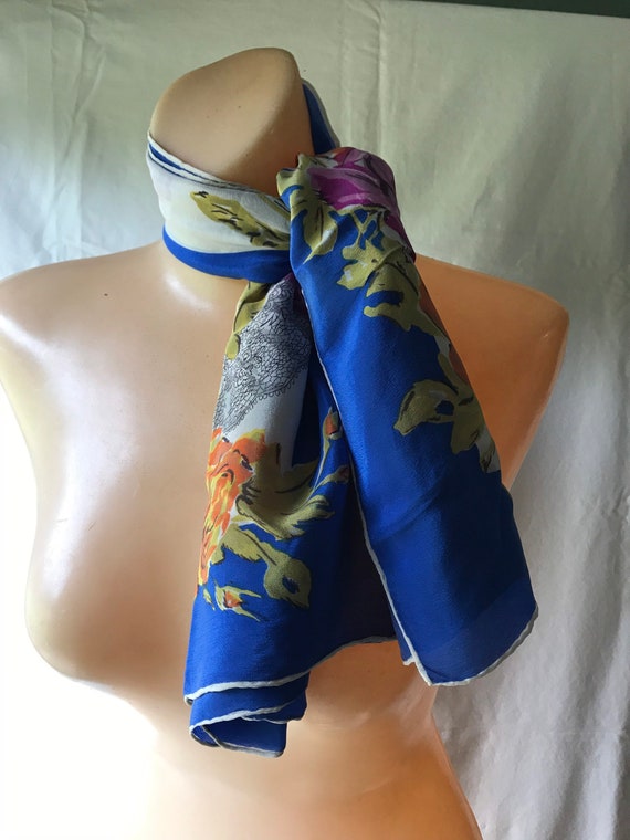 Vintage Silk Chiffon Scarf 1980s Flowers and Fans… - image 2