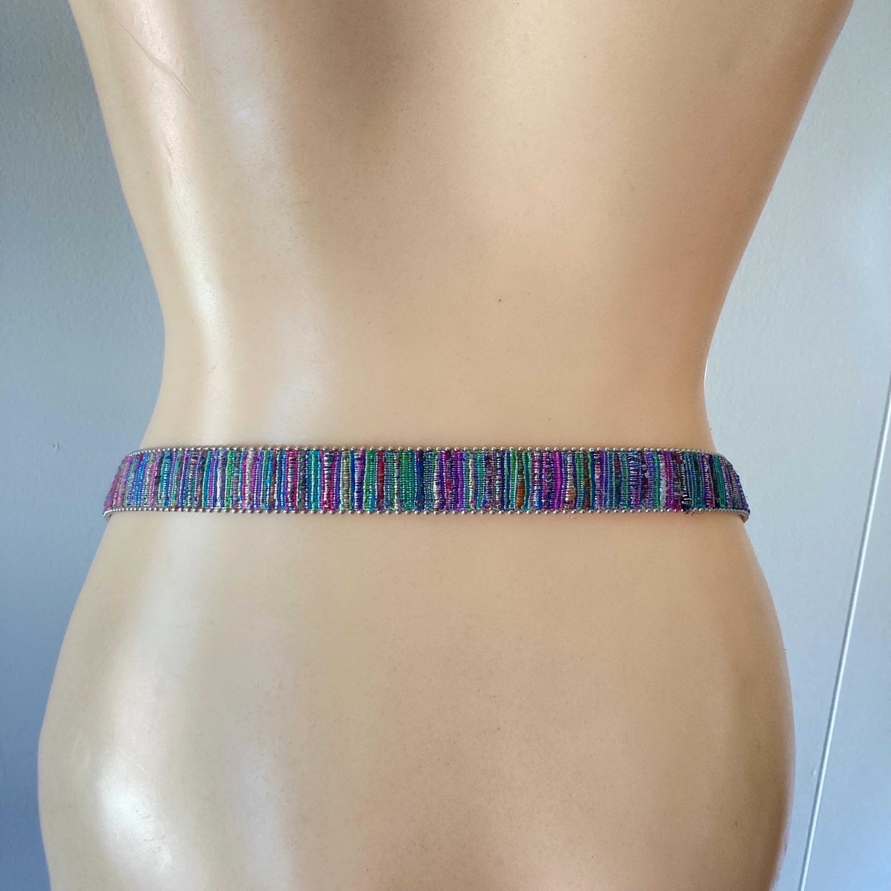Vintage rainbow stripes retro fabric woven white Skinny Belt adjustable Rainbow Braided Corded 90 main image 4