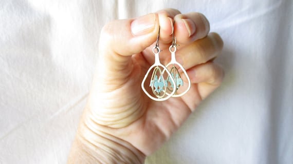 Vintage Bluebird Earrings: Silver Birdcage Dangle Earrings