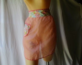 Vintage Apron Pink Chiffon Apron Sheer Floral Apron Half Apron