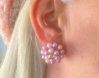 Vintage Pink Beaded Clip on Earrings