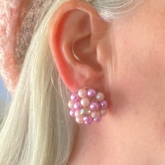 Vintage Pink Beaded Clip on Earrings - image 1