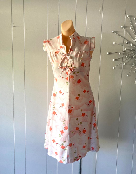 Vintage Peach Flowered Mini Dress 1970s Dress Mod 