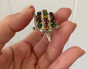 Vintage Turtle Brooches Sterling Silver and Rhinestone Turtle Pin