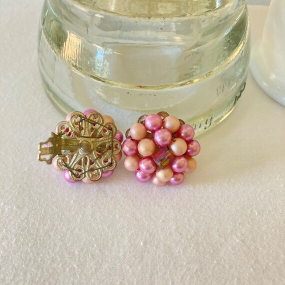 Vintage Pink Beaded Clip on Earrings - image 5