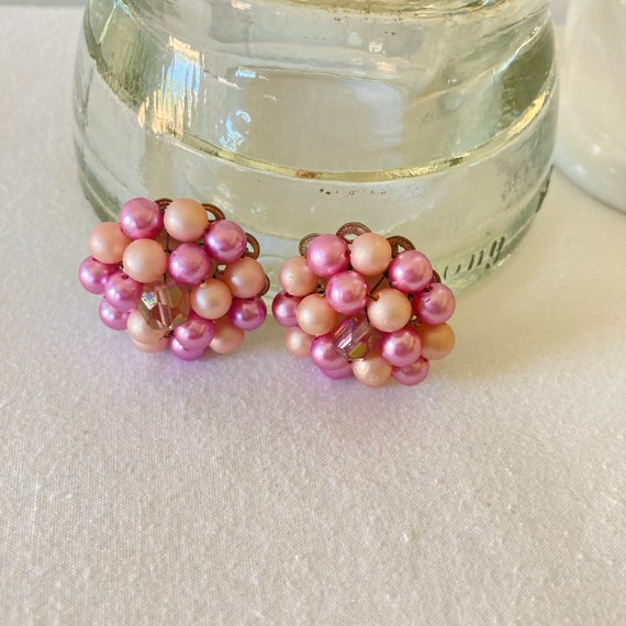 Vintage Pink Beaded Clip on Earrings - image 2