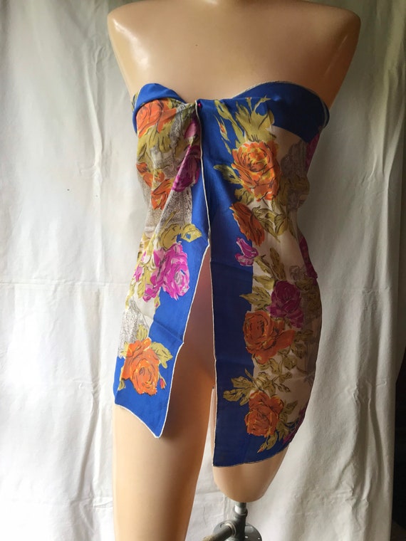 Vintage Silk Chiffon Scarf 1980s Flowers and Fans… - image 1