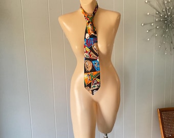 Vintage Baseball Silk Tie: 1990s Graphic Novel Style