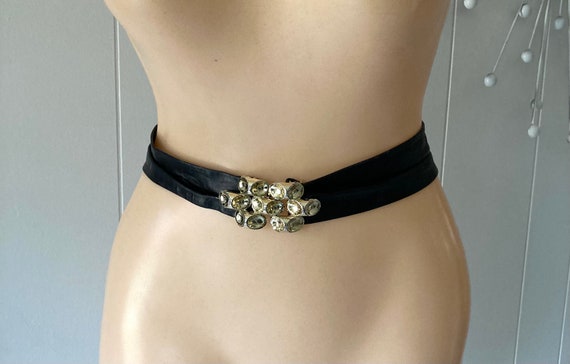 Vintage Leather Belt Black Cinch Belt Gold Buckle - image 2